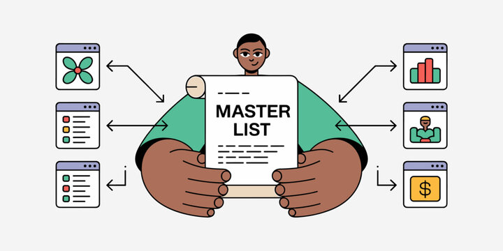 data manager holding a master list connected to information sources, vector illustration for reference data management, data governance and single source of truth