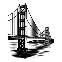 Majestic Golden Gate Bridge Perspective View Black and White Outline Line Art Drawing Architectural Vector Icon
