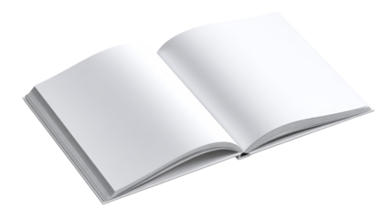 Blank opened book lying flat with a black background, cut out transparent