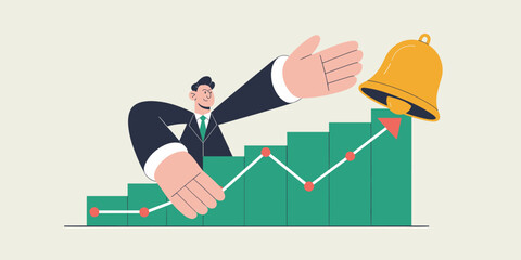 businessman ringing a bell on a rising stock chart, vector illustration for an initial public offering , securities law and business growth