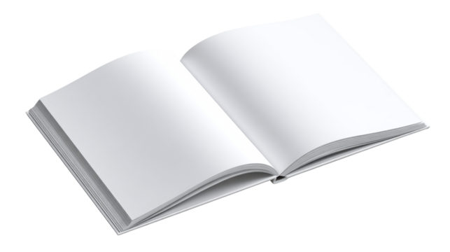 Blank opened book lying flat with a black background, cut out transparent