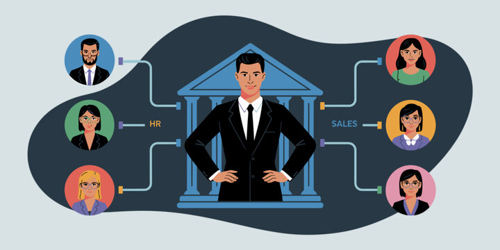 general counsel in front of a bank connecting with business departments, vector illustration for in-house legal role, corporate governance and organizational structure