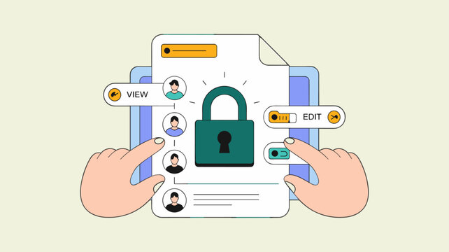user managing access permissions on a secure digital document, vector illustration for secure document sharing, data privacy and user access control
