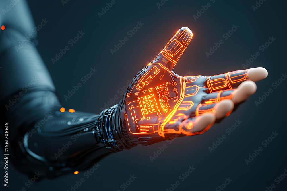 Poster futuristic robotic hand with glowing orange circuitry, showcasing advanced technology and innovation
