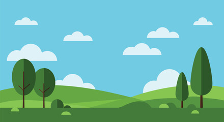 Fototapeta premium Simple Flat Vector Landscape Illustration with Rolling Green Hills and Blue Sky Background