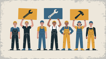 diverse group of workers holding tool signs, vector illustration for worker's rights, labor strike and skilled trades solidarity