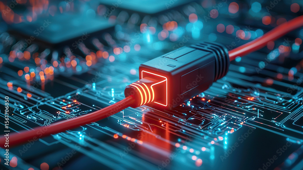 Aufkleber glowing red network cable is connected to high tech circuit board, symbolizing advanced technology a