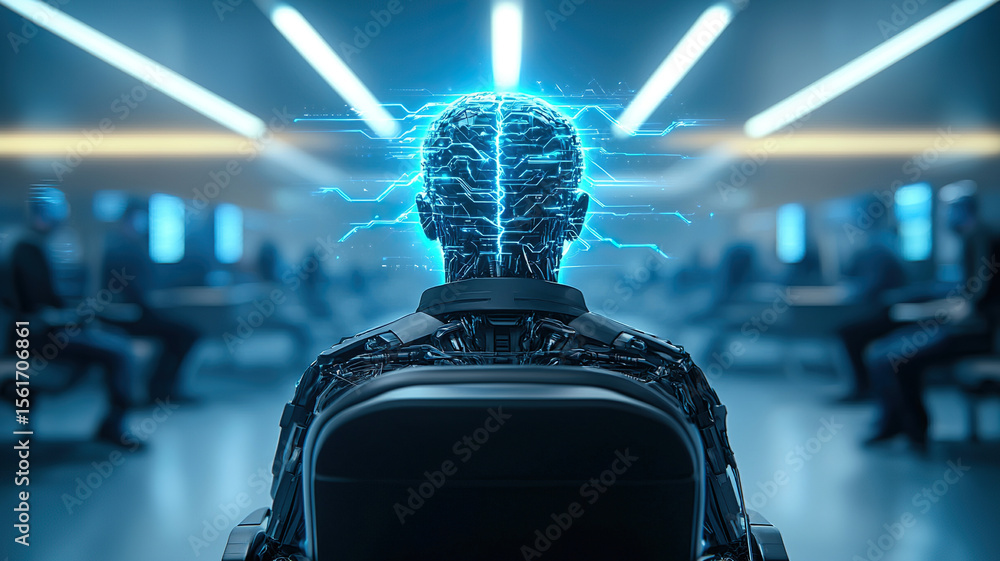 Poster cybernetic humanoid with glowing neural interface sits in futuristic office, surrounded by blurred f