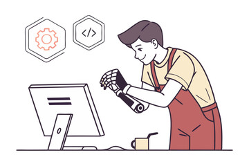 Cybernetic Interface: A futuristic vision, featuring a skilled technician meticulously working on a robotic arm, alongside tech symbols, and a computer monitor.