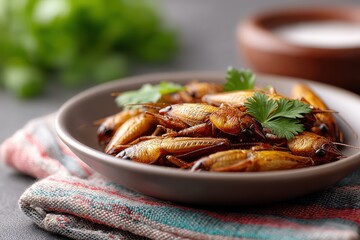 Fried crickets garnished with spices served on a colorful plate for a unique culinary experience