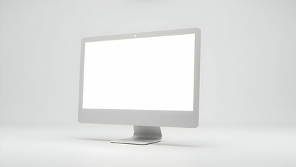 Fototapeta premium Blank white screen iMac screen floating vertically with no visible support, glowing white screen centered in frame