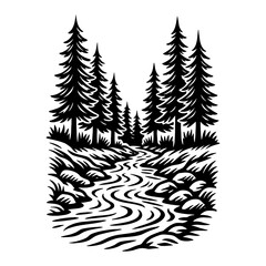 River Flowing Through Forest Trees Black and White Outline Line Art Drawing Illustration