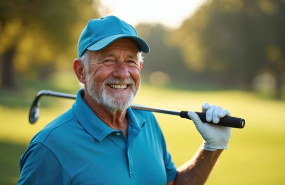 Happy senior man with grey beard smiles, holds golf club. Cheerful elderly golfer wears cap, glove on green course in sunny weather. Retirement active lifestyle. Golfing sport.