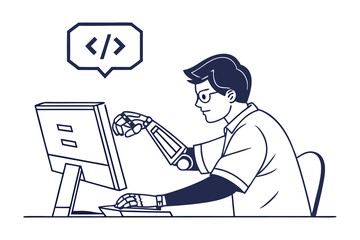 Digital Artisan: A futuristic artist with a robotic limb intently crafts a digital world through code, visualizing innovation.