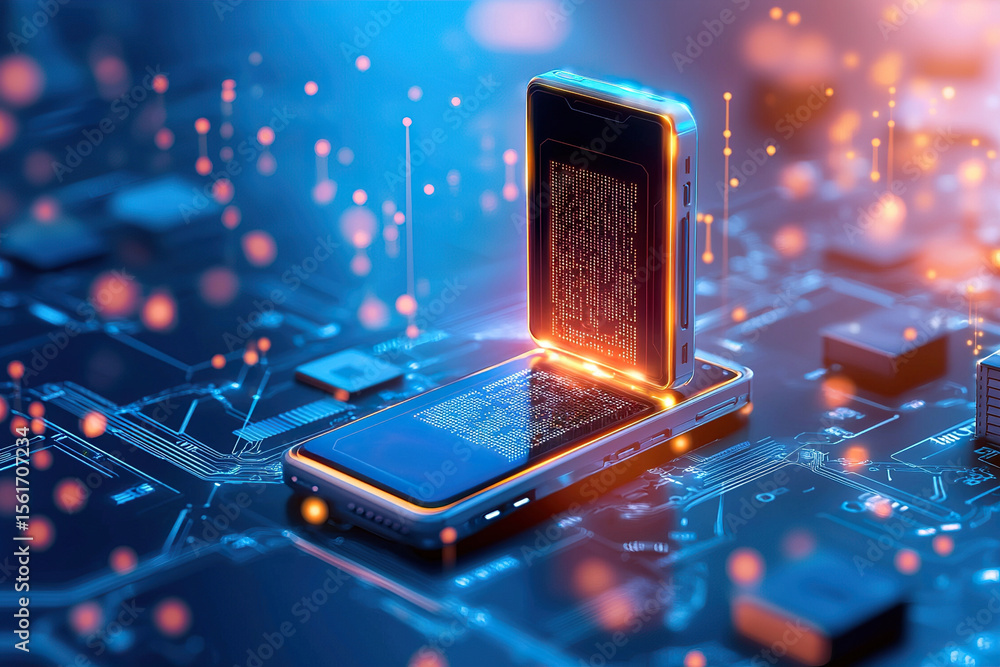 Poster futuristic smartphone with holographic display and advanced battery technology is set against cyberp