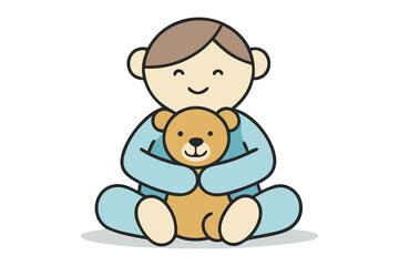 Baby with Teddy Bear: A cute cartoon illustration of a happy baby lovingly hugging a teddy bear.