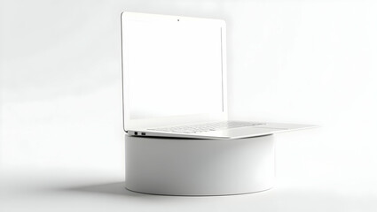 Blank white screen Laptop open at 90 degrees resting on minimalist matte cylinder, white screen glowing with soft side shadows, 