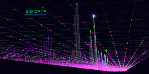 Abstract analytical background with grid connecting circles chart analyze  in dark cyberspace. Quantum cryptography concept.  Banner for business, science and technology. Data chart. Big data.