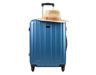  Blue Travel Suitcase with Sun Hat Isolated on Transparent Background PNG