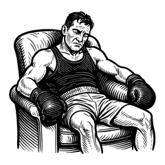 Tired Boxer Man Sitting on Chair Black and White Outline Line Art Drawing Vintage Engraving Style Isolated