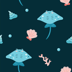 Seamless pattern sea life. Marine animal stingray fish on dark background. Vector illustration.