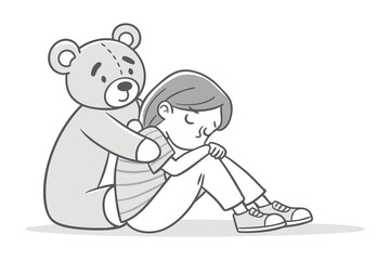 Sad Child with Teddy Bear: A grayscale illustration of a child sitting with a teddy bear, conveying feelings of sadness, loneliness, and the need for comfort.