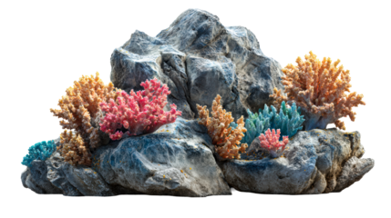 Colorful coral garden on rock formation, marine aquarium, cut out transparent