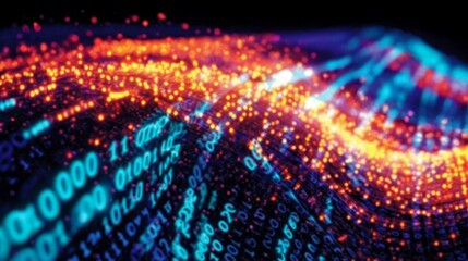 Fototapeta premium Abstract glowing wave of digital particles with flowing orange and blue lights representing futuristic data transmission and quantum computing concepts in soft curved high-tech design