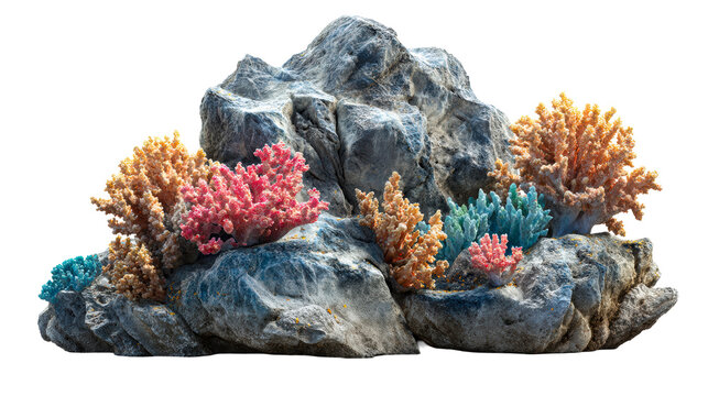 Colorful coral garden on rock formation, marine aquarium, cut out transparent - Powered by Adobe