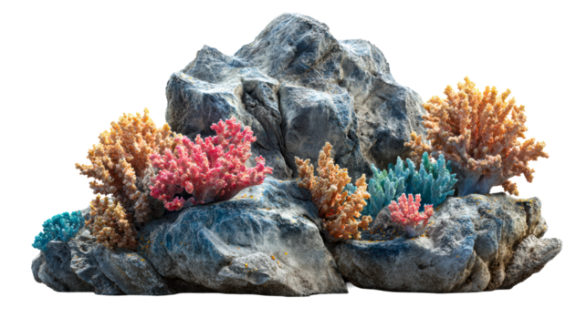 Colorful coral garden on rock formation, marine aquarium, cut out transparent - Powered by Adobe