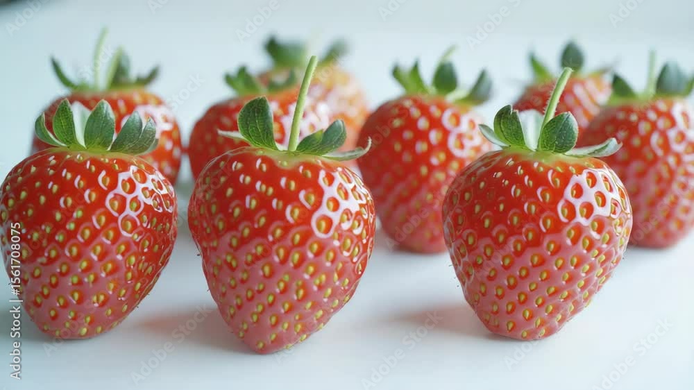 Poster red ripe strawberries ready to eat, graphed up close with a shallow depth of field emphasizing their