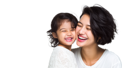 Asian mom and daughter embracing, laughing, showing teeth, cut out transparent