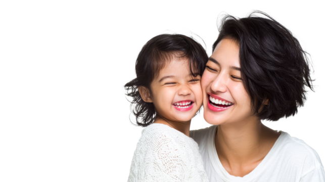 Asian mom and daughter embracing, laughing, showing teeth, cut out transparent