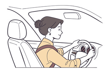 Driving with Focus and Safety: A woman confidently steers a car, emphasizing safe driving habits and the importance of alertness and focus on the road.