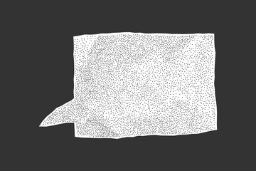 White paper speech balloon with wrinkled texture on dark background. Jagged notebook edges, gritty surface and halftone dots.