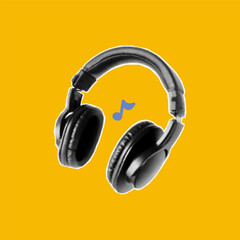 Creative yellow background for podcast banners and digital streaming. Studio recording illustration in halftone collage style, perfect for blogs or promos, headphones.