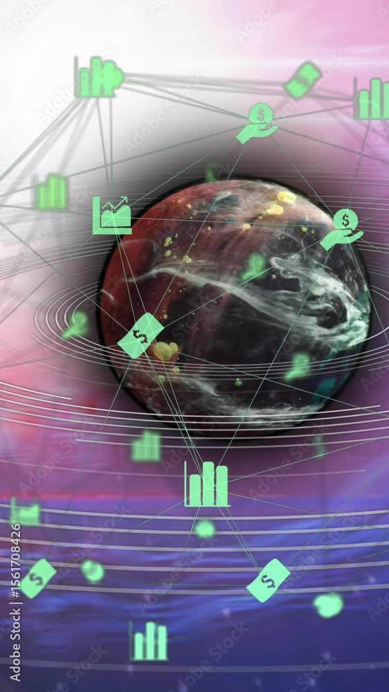 Poster animation of network of connections with icons over globe