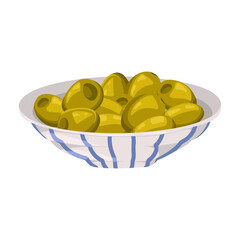 Small porcelain bowl with green olives isolated on white background. Vector hand drawn cartoon illustration for culinary, packaging, branding, menu design, stickers
