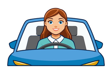 Driving into Tomorrow: A cheerful woman at the steering wheel of a sleek automobile looks ahead, promising safe travel and easy commutes.