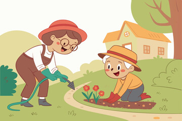 Father and son walking with their dog near a tree, a fun family illustration