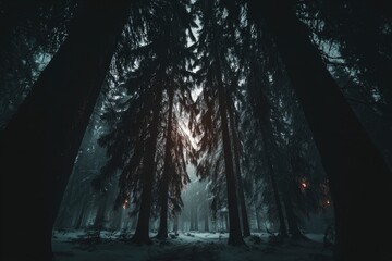 Dark, misty forest at dawn. Snow-covered trees loom over a dimly lit, tranquil scene