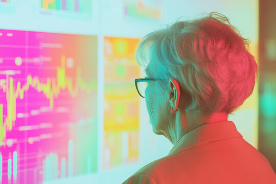 Elderly woman with glasses analyzing colorful digital stock market charts on multiple screens. - Powered by Adobe