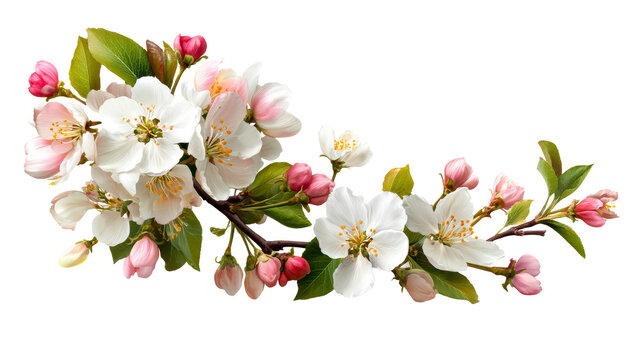 Blooming cherry branch, white flowers, pink buds, spring blossom, cut out transparent