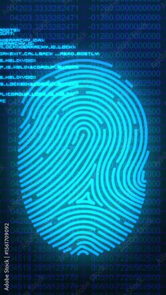 Poster animation of finger print over data processing and cityscape