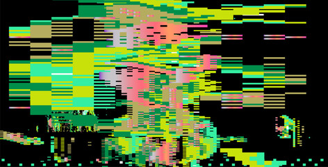 Futuristic glitch-art vector using popular digital abstract style. Neon bright pixel blocks, rectangles, and fractured lines create a dynamic, pixelated, and edgy visual effect.