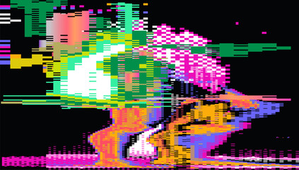 Futuristic glitch-art vector using popular digital abstract style. Neon bright pixel blocks, rectangles, and fractured lines create a dynamic, pixelated, and edgy visual effect.