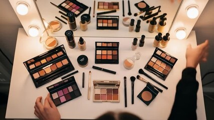 Overhead View of Makeup Products Arranged on a Vanity Table with Hands