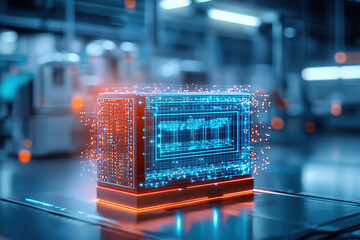 Futuristic holographic interface displays real time analytics high tech environment, showcasing advanced digital technology and innovation. glowing blue and orange lights create dynamic and modern