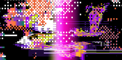Futuristic glitch-art vector using popular digital abstract style. Neon bright pixel blocks, rectangles, and fractured lines create a dynamic, pixelated, and edgy visual effect.