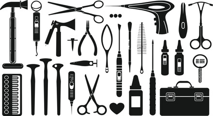 Collection of medical instruments used in gynecology presented as clean silhouettes